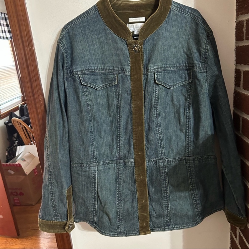 CJ Banks size 2x Denim Long Jacket with bronze brown trim